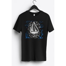 MGAX Denizci Yelkenli Baskılı Regular Sıfır Yaka %100 Pamuk Unisex Penye T-Shirt