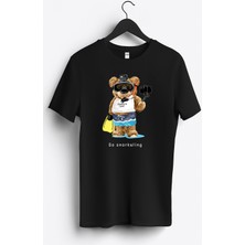 MGAX Sevimli Ayı Dalgıç Şnorkelle Dalmaya Baskılı Regular Sıfır Yaka %100 Pamuk Unisex Penye T-Shirt