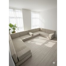 Bakırözü Home Premium Kadife Kumaş, Konforlu Yer Kanepesi ,modüler Şark Köşesi Takımı - Krem- U Set