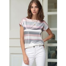 Mamayaga Kadın Bisiklet Yaka Saten Viskon Kısa Kol Spor Şık Çizgili Bluz