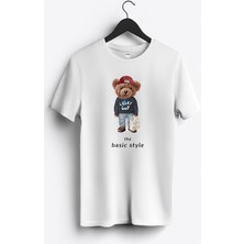 MGAX Sevimli Ayı Şanslı Adam Baskılı Regular Sıfır Yaka %100 Pamuk Unisex Penye T-Shirt