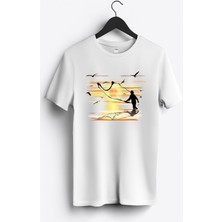 MGAX Balıkçı Gün Batımı Baskılı Regular Sıfır Yaka %100 Pamuk Unisex Penye T-Shirt