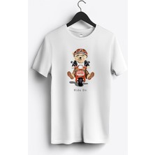 MGAX Sevimli Ayı Scooter Ride On Baskılı Regular Sıfır Yaka %100 Pamuk Unisex Penye T-Shirt