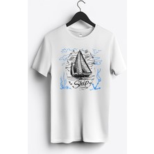 MGAX Denizci Yelkenli Baskılı Regular Sıfır Yaka %100 Pamuk Unisex Penye T-Shirt