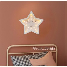 Runc Design Uyuyan Yıldız Figürlü Ahşap Kız Çocuk Odası Duvar Lambası - Ledli Gece Lambası