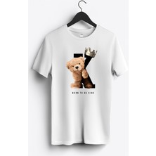 MGAX Sevimli Ayı Born To Be King Baskılı Regular Sıfır Yaka %100 Pamuk Unisex Penye T-Shirt