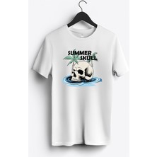 MGAX Deniz Summer Skull Baskılı Regular Sıfır Yaka %100 Pamuk Unisex Penye T-Shirt