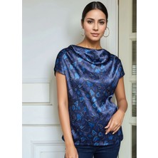 Mamayaga Kadın Degaye Yaka Saten Viskon Kısa Kol Spor Şık Desenli Bluz