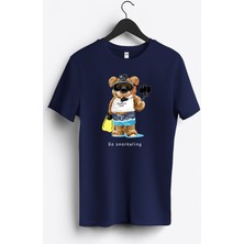 MGAX Sevimli Ayı Dalgıç Şnorkelle Dalmaya Baskılı Regular Sıfır Yaka %100 Pamuk Unisex Penye T-Shirt