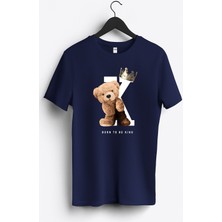 MGAX Sevimli Ayı Born To Be King Baskılı Regular Sıfır Yaka %100 Pamuk Unisex Penye T-Shirt