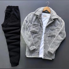 Oneoff Unisex Gri Peluş Polar Hırka Gömlek Siyah Eşofman Altı ( Tişört Dahil Değildir)