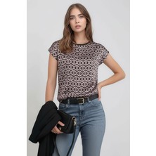 Mamayaga Kadın Bisiklet Yaka Saten Viskon Kısa Kol Spor Şık Desenli Bluz