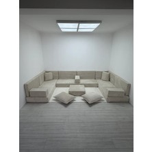 Bakırözü Home Premium Kadife Kumaş, Konforlu Yer Kanepesi ,modüler Şark Köşesi Takımı - Krem- 20 Parça