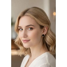 Siyah Yonca Figürlü Altın Renk Minimal Kadın Küpe