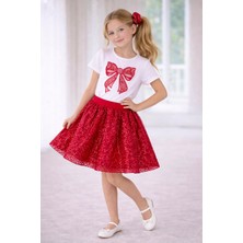 Dıgıl Kids Kız Çocuk Kurdele Desenli T-Shirt Etek Takım