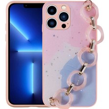 iPhone 12 Pro Uyumlu Simli Desenli El Askılı Tutacaklı Nrtk Elsa Silikon Kapak-Pembe