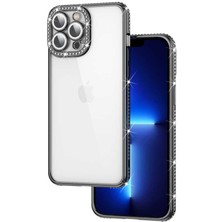 iPhone 12 Pro Uyumlu Kamera Korumalı Taşlı Nrtk Mina Kapak-Siyah