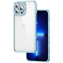 iPhone 13 Pro Uyumlu Kamera Korumalı Taşlı Nrtk Mina Kapak-Mavi