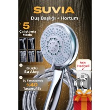 Suvia Yüksek Basınçlı Duş Başlığı 5 Fonksiyonlu + Çelik Hortum + Askı | Tasarruflu Duş Seti | Güçlü Su