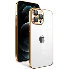 iPhone 12 Pro Max Uyumlu Kamera Korumalı Renkli Çerçeveli Nrtk Garaj Kapak-Gold