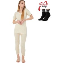 Uygur Kadın Kısa Kol Saf Yünden Fanila Takım+Bilek Üstü Yarım Çorap Hediye
