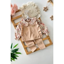 Miniğimin Cicileri Yaka Kol Gül Desenli Kız Bebek 2 Li Takım - Kahve Köpüğü