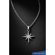 Trend Collection Paslanmaz Çelik Yıldız Kolye, Taş Detaylı Gümüş Renk Kadın Kolye