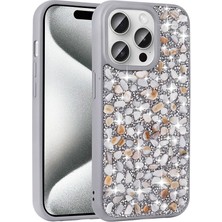 Apple iPhone 15 Pro Max Kılıf Parlak Taşlı Tasarım Nrtk Linea Kapak-Gümüş