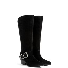 Rella Siyah Hakiki Deri Süet Diz Altı Kovboy Çizme – Tokalı Kalın Topuklu Western Kadın Çizme