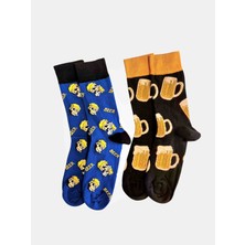 Erkek Eğlenceli Karakter Desenli 2’li Paket Renkli Çorap – Mavi & Siyah Pamuklu Soket Çorap