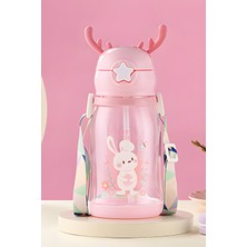 Figürlü Plastik Çocuk Matarası Pipetli ve Askılı Pembe 600ML