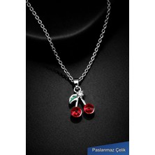 Trend Collection Kiraz Model Taş Detaylı Gümüş Çelik Kolye – Zarif Kadın Kolyesi