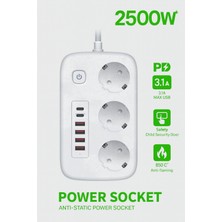 Plentiful 2500W Çoklu Priz 2 Metre – 3’lü Ac Priz +5 USB Çıkışı Akım Korumalı Alev Almayan Gövde,