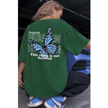 Punix Büyük Beden Özel Seri Blue Butterfly Sırt Baskılı %100 Pamuk Oversize Battal Kadın T-Shirt