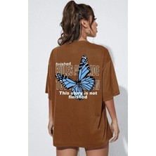 Punix Büyük Beden Özel Seri Blue Butterfly Sırt Baskılı %100 Pamuk Oversize Battal Kadın T-Shirt