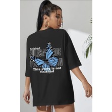 Punix Büyük Beden Özel Seri Blue Butterfly Sırt Baskılı %100 Pamuk Oversize Battal Kadın T-Shirt