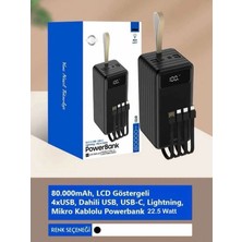 Azurtech Acl 80.000MAH 22.5W Hızlı Şarj, LCD Gösterge, Dahili Lightning, Type-C ve Micro Kablolu 7 Portlu USB Hub Powerbank