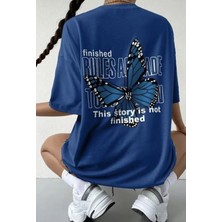 Punix Büyük Beden Özel Seri Blue Butterfly Sırt Baskılı %100 Pamuk Oversize Battal Kadın T-Shirt