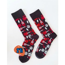 Eminence 2 Çift Unisex Müzik ve Gitar Desenli Penye Pamuk Çorap