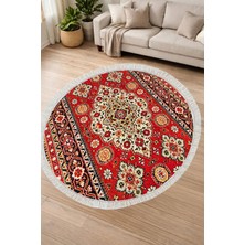 Alanur Home Alanur Kaymaz Yıkanabilir Dijital Baskılı Salon Halısı Yıldız Deri Saçaklı Yuvarlak Otantik E6002 Renkli