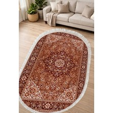 Alanur Home Alanur Kaymaz Yıkanabilir Dijital Baskılı Salon Halısı Yıldız Deri Saçaklı Oval Otantik E6001 Renkli