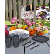 6 Kişilik Piknik Tabak Bardak Çatal Bıçak Seti Plastik Taşıma Kutulu Antrasit Kamp Seti