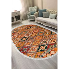 Alanur Home Alanur Kaymaz Yıkanabilir Dijital Baskılı Salon Halısı  Trend Saçaklı Oval Otantik E6004 Renkli