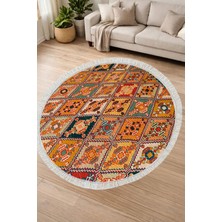 Alanur Home Alanur Kaymaz Yıkanabilir Dijital Baskılı Salon Halısı Yıldız Deri Saçaklı Yuvarlak Otantik E6004 Renkli