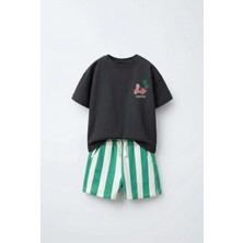 Magu Erkek Çocuk Pamuklu Siyah California Baskılı T-Shirt ve Çizgili Şort Takım