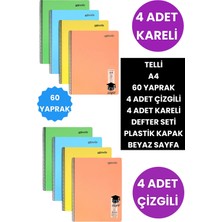 8 Adet Telli 60 Yaprak Defter Seti 4 Adet Kareli 4 Adet Çizgili Plastik Kapak