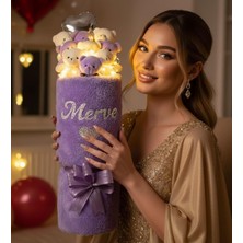 Sole Kişiye Özel Isimli LED Işıklı Lila Peluş Vazo Tasarımlı Kalp Balonlu Ayıcık Buketi Eşe Kıza Sevgiliye Hediye Doğum Günü Hediyesi