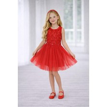 Dıgıl Kids Kırmızı Renk Tül Detaylı Kız Çocuk Elbise