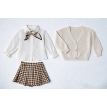 Milays Kız Çocuk Fularlı Gömlek Yelek ve Etekli 3 Lü Takım