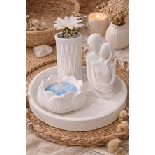 Aksesuar Kuşu 4 Parça Dekoratif Set Sarılan Çift, Geometrik Vazo, Lotus Çiçeği Mumluk ve Tepsi - Vernikli